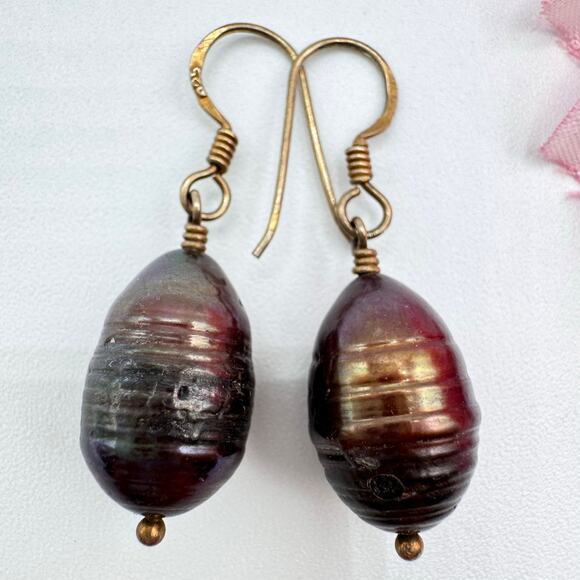 Brown Cultured Pearl Dangle Earrings 925 Stamped Ear Wires Untested Mermaidcore - Picture 1 of 13